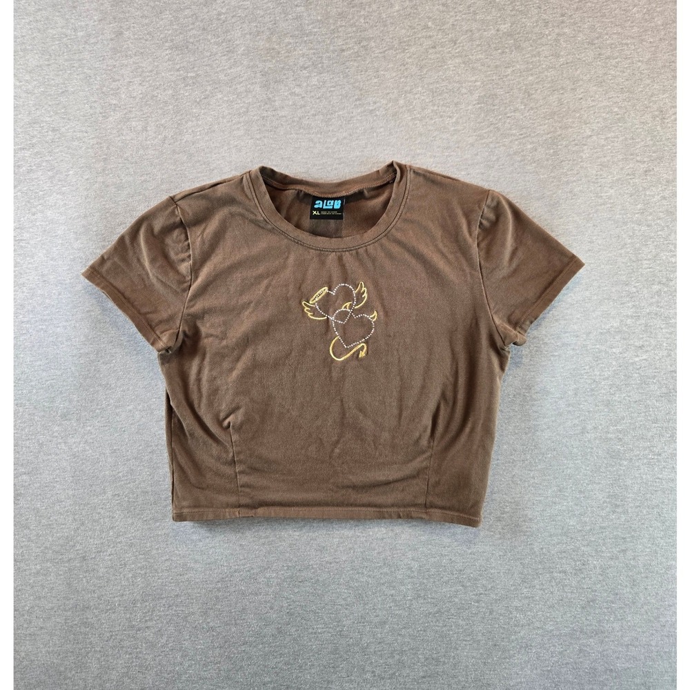 A.LAB T Shirt Womens XL Brown Serina Angel Heart Graphic Embroidered Crop Top